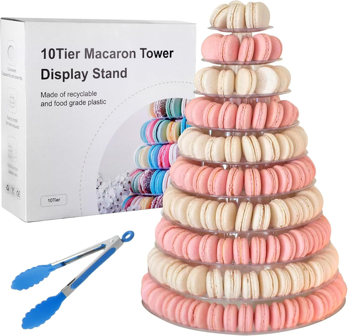 10 Tiers Macaroon Tower Stand with 8'' Silicone Tongs, Round Macaron Tower Cake Display Rack
