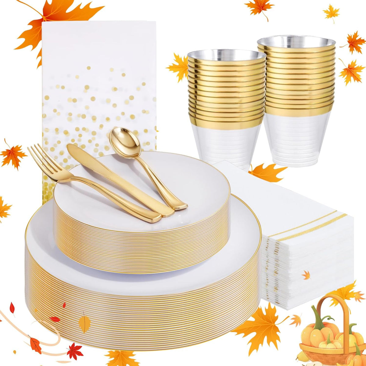 Festiva 176Pcs White and Gold Plastic Plates - White with Gold Rim Fall Dinnerware Set - 25Guest