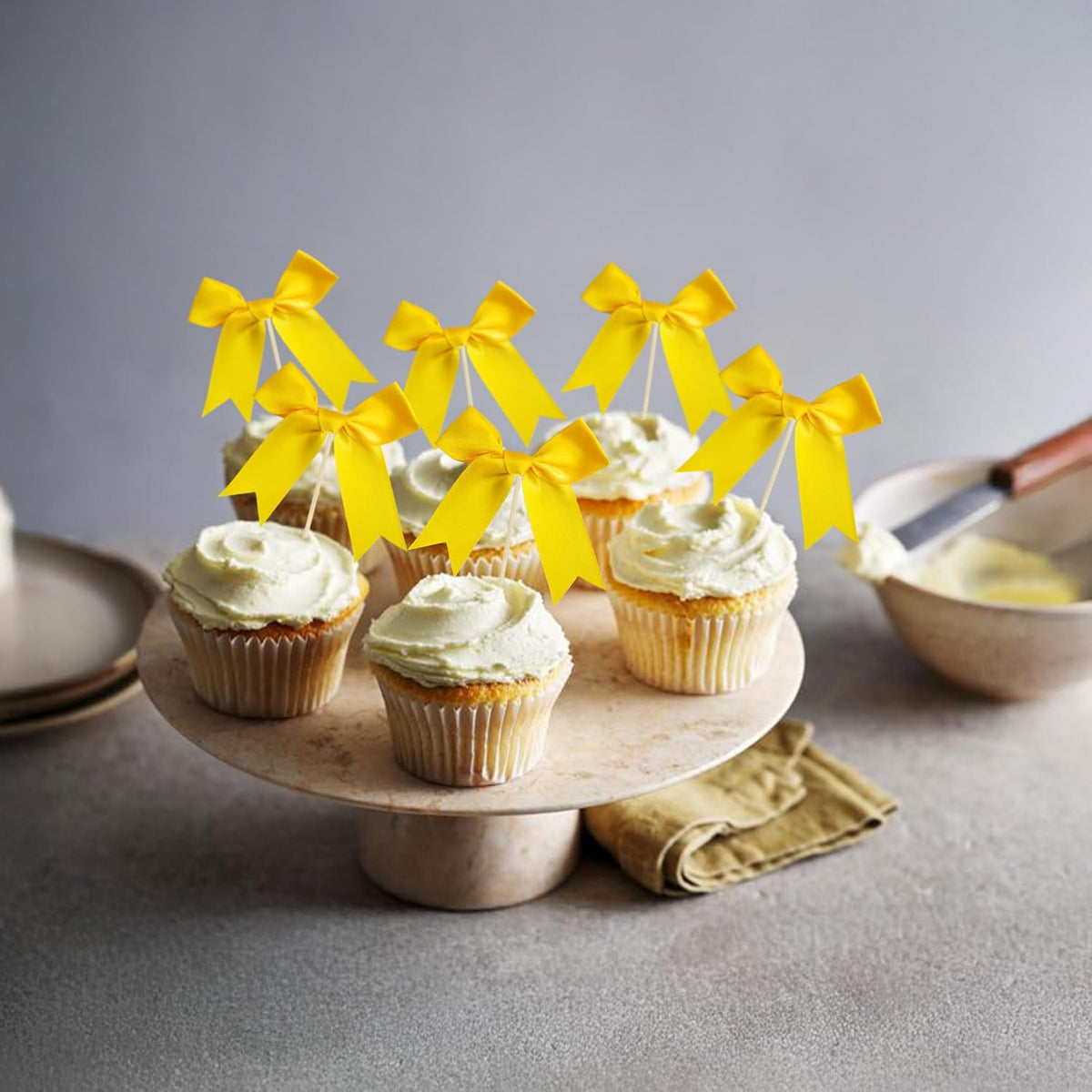 Ephlyn 24Pcs Yellow Bow Cupcake Toppers Bow Cake Topper Birthday Decorations Mini Bowknot Cupcake