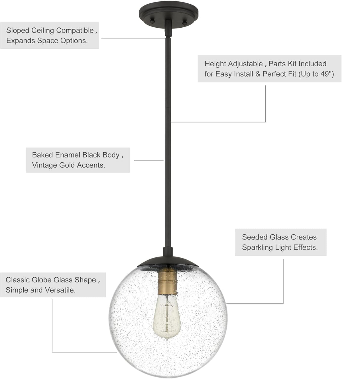 Globe Pendant Lighting, Black and Gold Pendant Light for Kitchen Island, 9.5 inch Seeded Globe