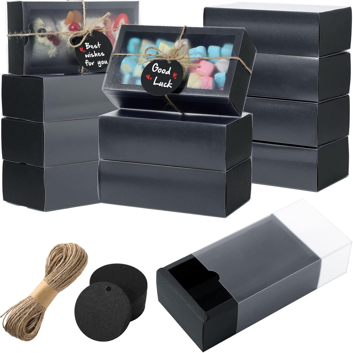 Roowest 50 Sets Kraft Gift Boxes Rectangle Kraft Paper Drawer Box with Window Homemade Soap Box