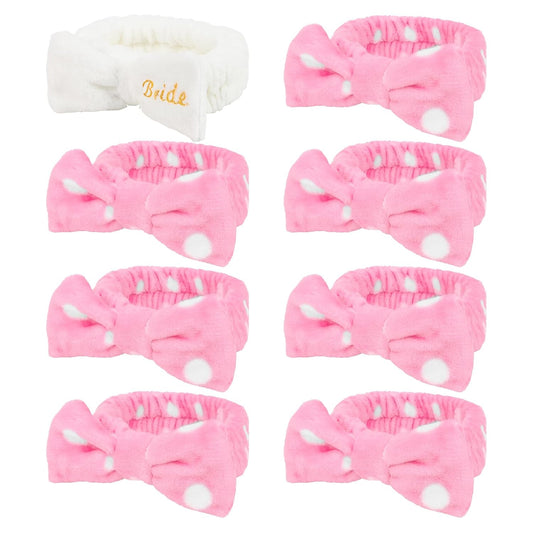 Semato Bachelorette Party Favor Set - Bride & Bridesmaid Spa Headbands with Cute Bows (1 Bride + 7