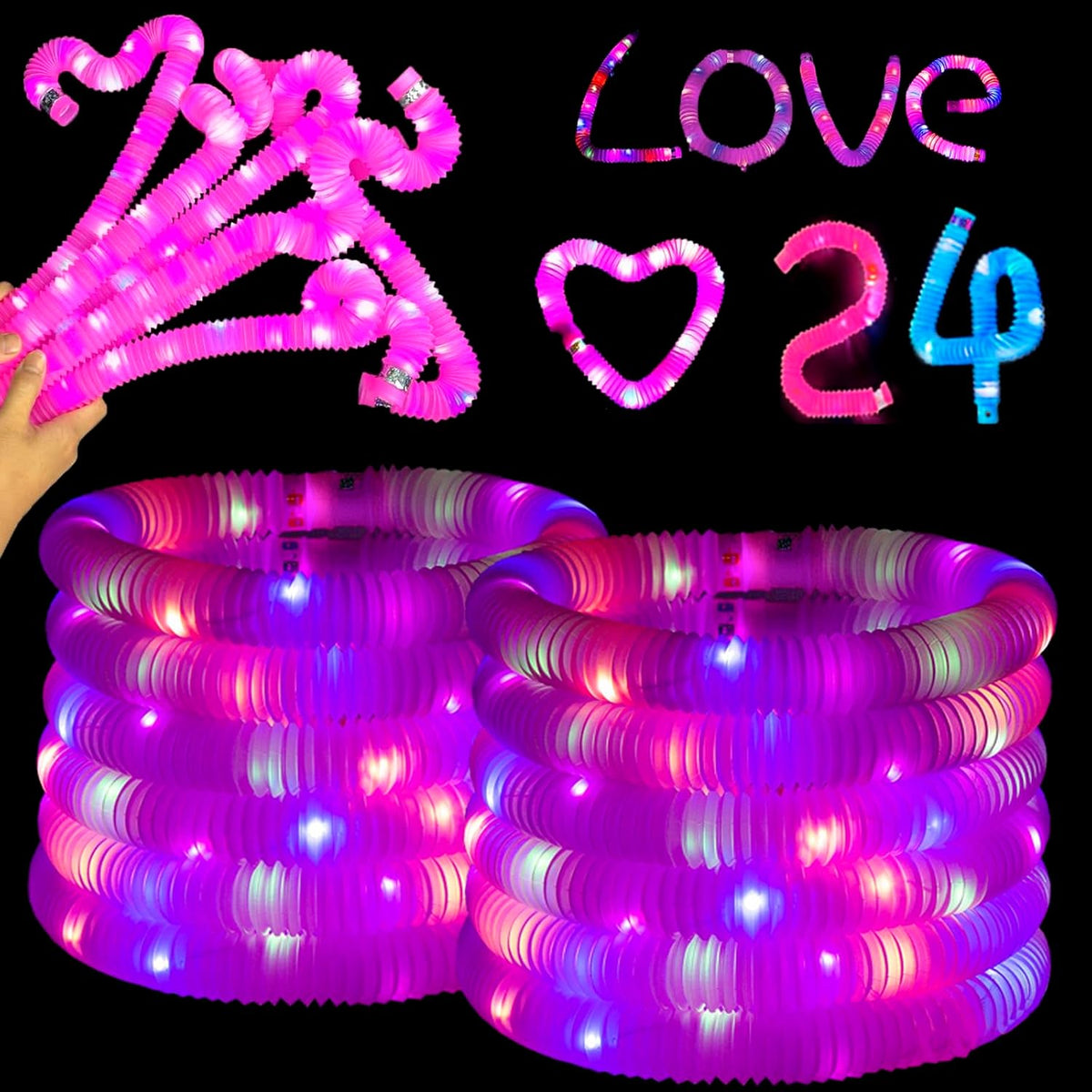 Pink 24 Pack Light Up Party Favors Supplies,Bulk Glow Sticks Bracelet,Necklace Accessories for