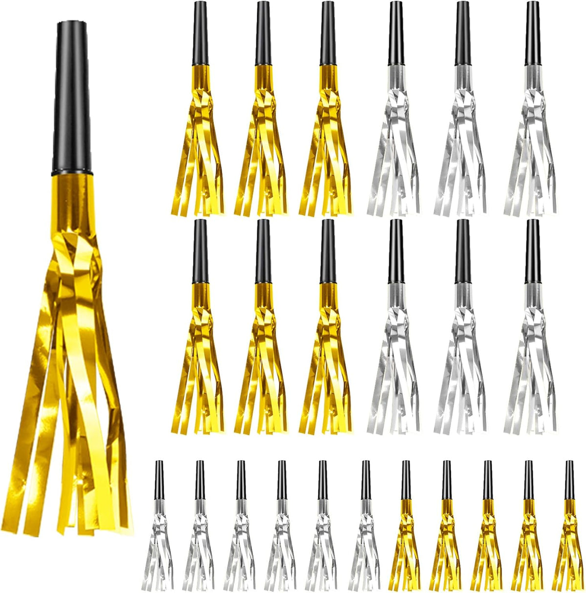 Party Blowers, 24 PCS New Years Noise Makers, Gold Silver Glitter Metallic Fringed Party Blowouts
