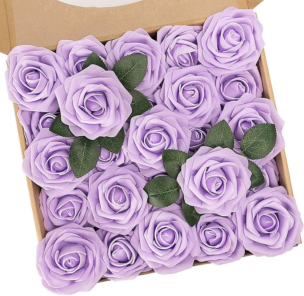 N&T NIETING Purple Artificial Flowers, 25pcs Artificial Flowers Bulk Fake Flowers Roses with Stem