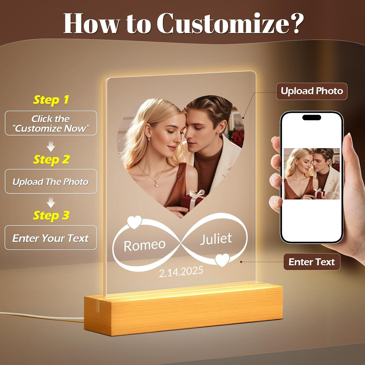 Custom Picture Frames with Photo, Personalized Photo Frame with Night Light, Customized Picture