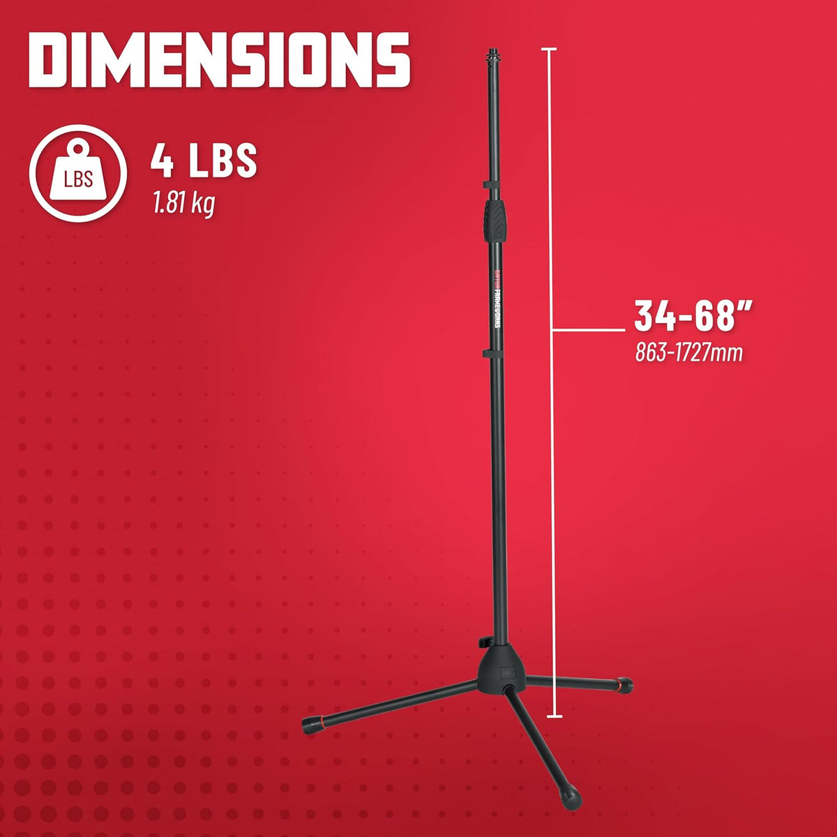 Gator Frameworks Standard Tripod Microphone Stand with Adjustable Height and Both 3/8" and 5/8"