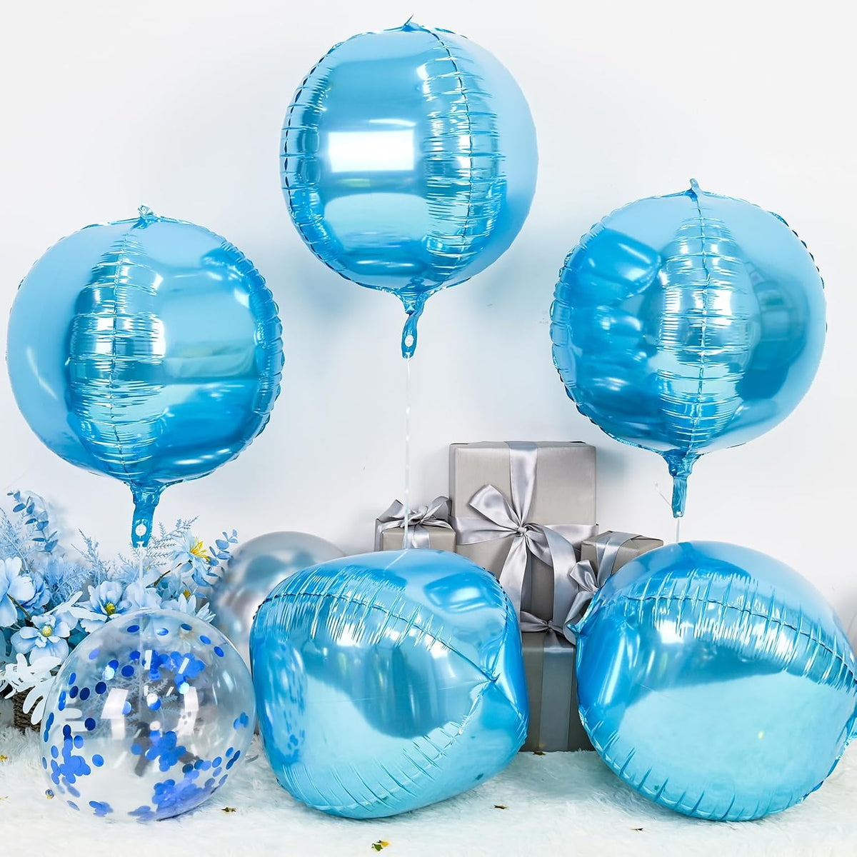 6Pcs Blue Round Foil Balloons,Giant 4D Round Ball Balloons,22 Inch Metallic Blue Balloon for