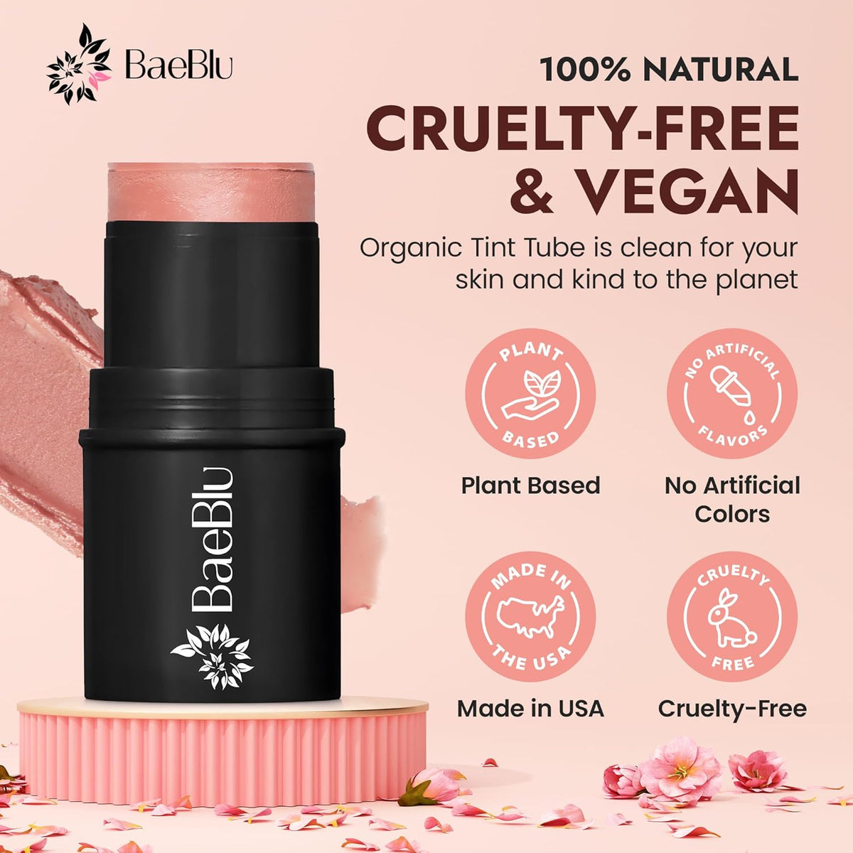 Organic Blush Tube, Rose - 100% Natural Vegan Cream Blush Sticks, Multi-Use Bronzer, & Highlighter