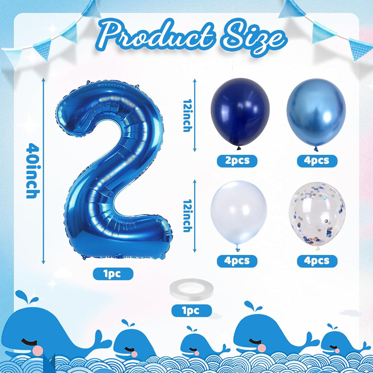 Foil Number Balloons - 2nd Birthday, Pastel Helium Balloons, 40 inch, Navy, Dark Blue, Silver