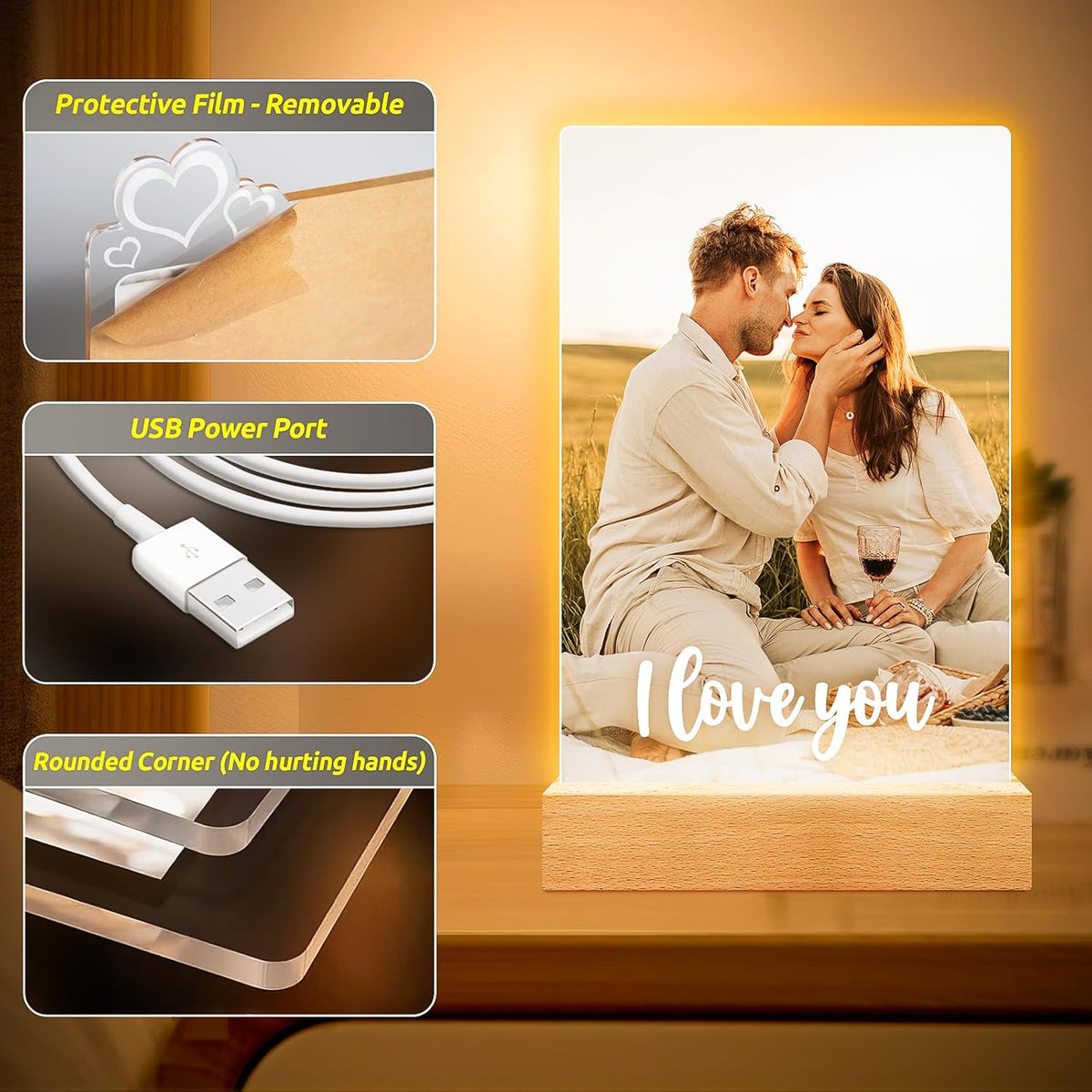 Personalized Picture Frame with Photo, Customized Photo Frame with Night Light, Custom Couple