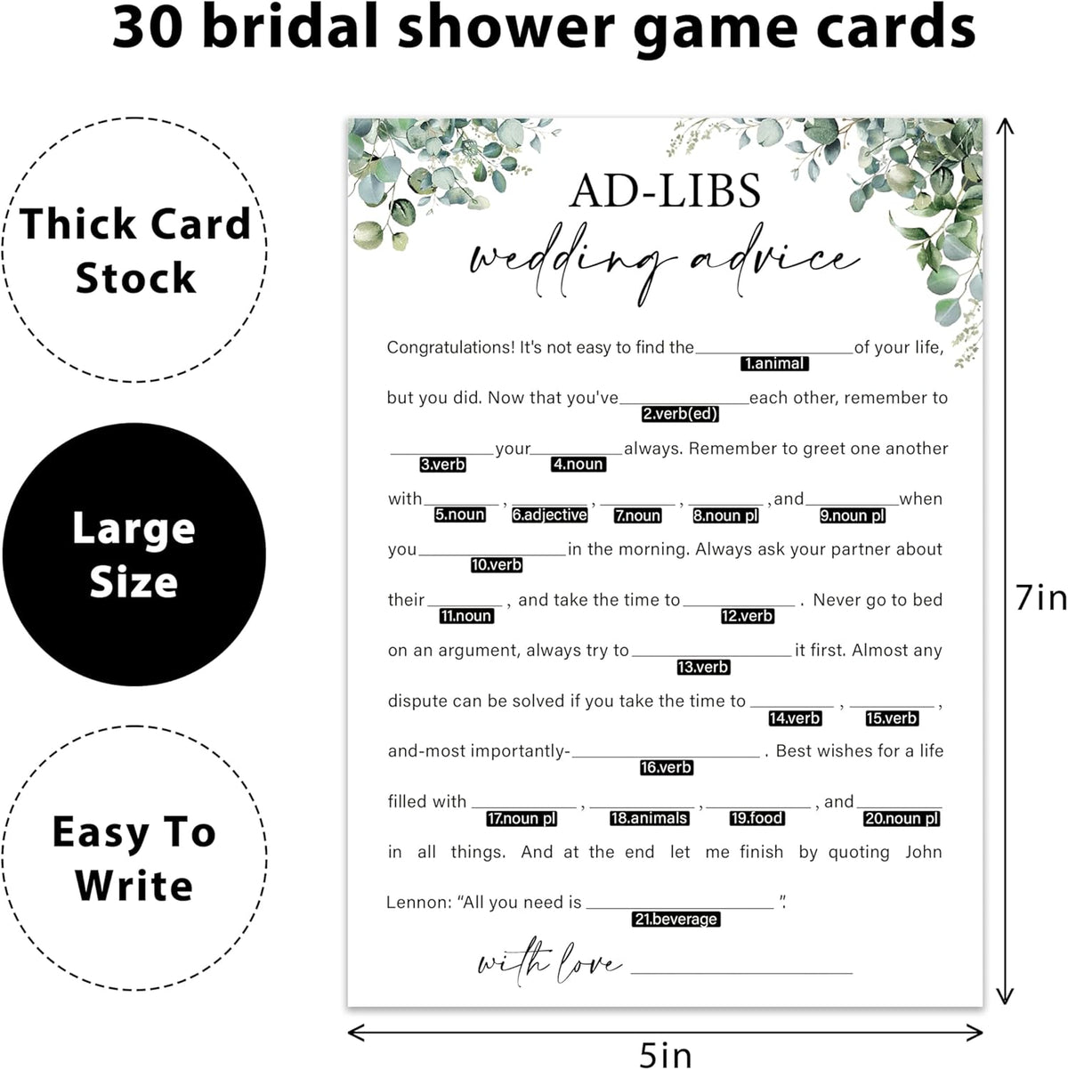 Eucalyptus Bridal Shower Game Cards - Ad-libs Wedding Advice and Wishes for The Mr and Mrs