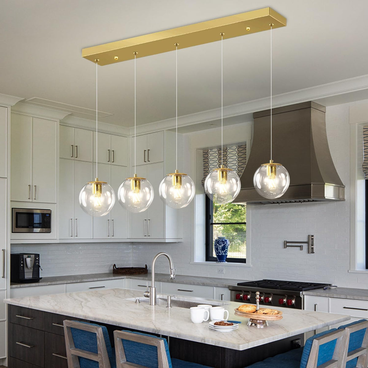 5-Lights Modern Rectangle Chandelier Globe Pendant Light,Gold Linear Globe Chandeliers for Dining