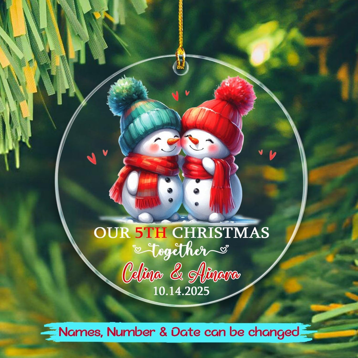 Personalized Our 5TH Christmas Together Ornament, Customized Date & Names Mr & Mrs Snowman Together