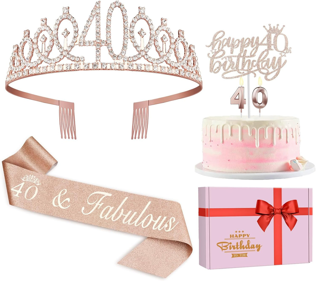 40th Birthday Decorations for Women, Including Crown/Tiara, Sash, Cake Topper and Candles, 40th