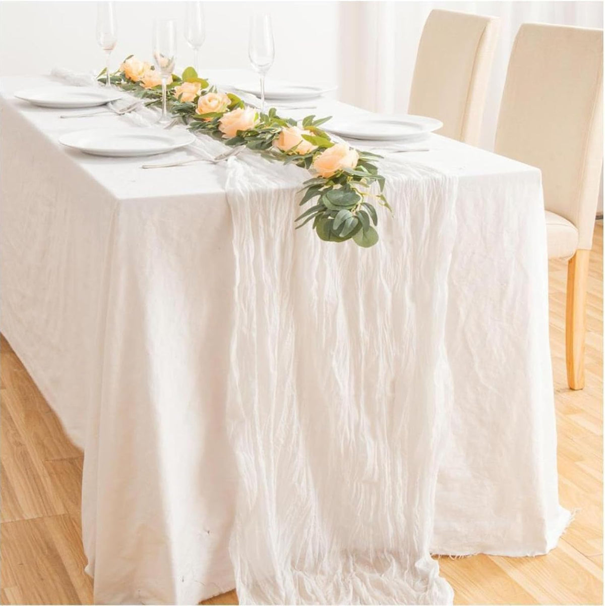 8 Pack 10Ft Cheesecloth Table Runner 35x120 inch White Boho Gauze Long Table Cloth Wrinkled Sheer