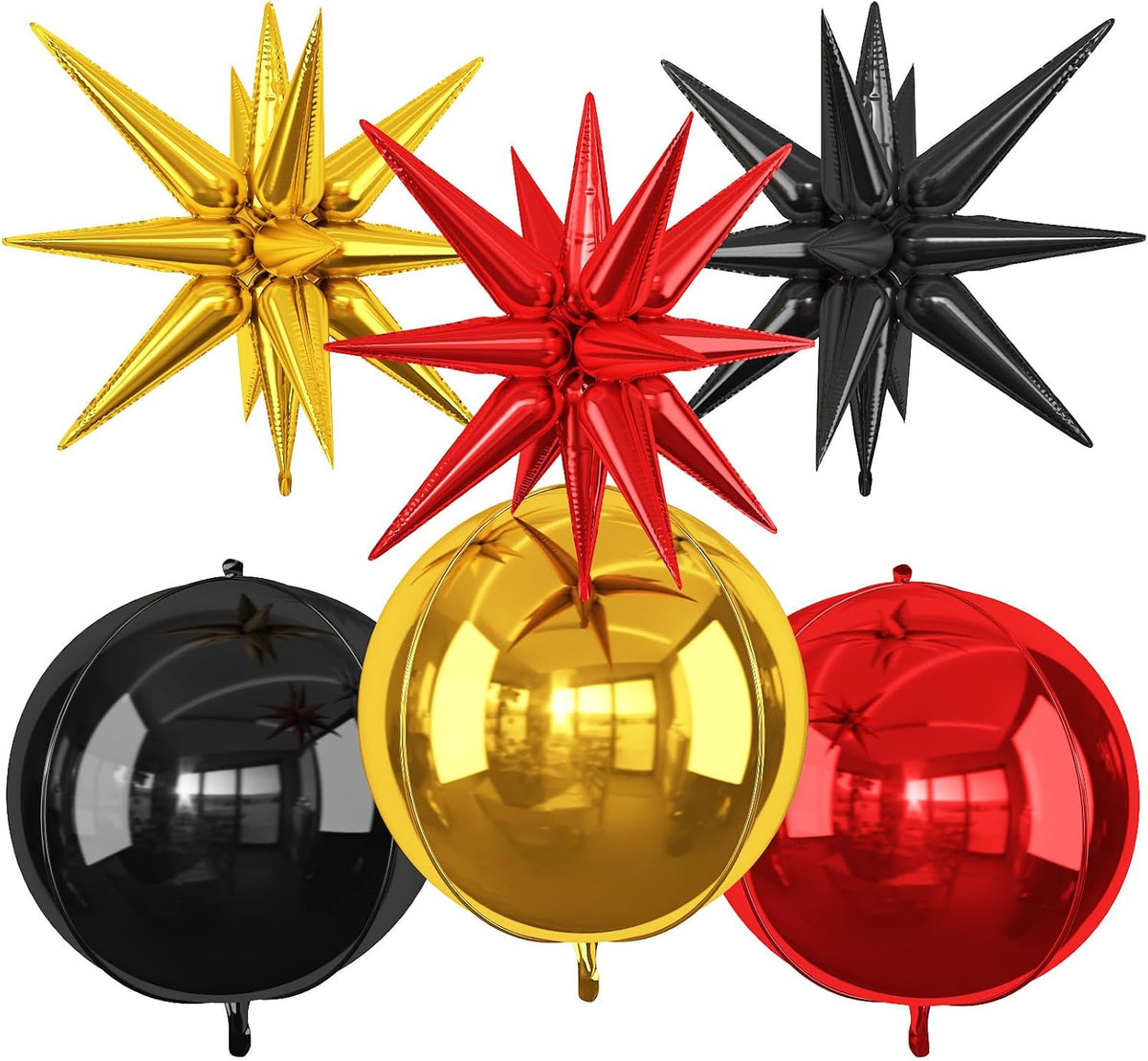 6Pcs Black Red Gold Foil Balloons,22Inch Black Gold Red 4D Round Ball Balloon and Explosion Star