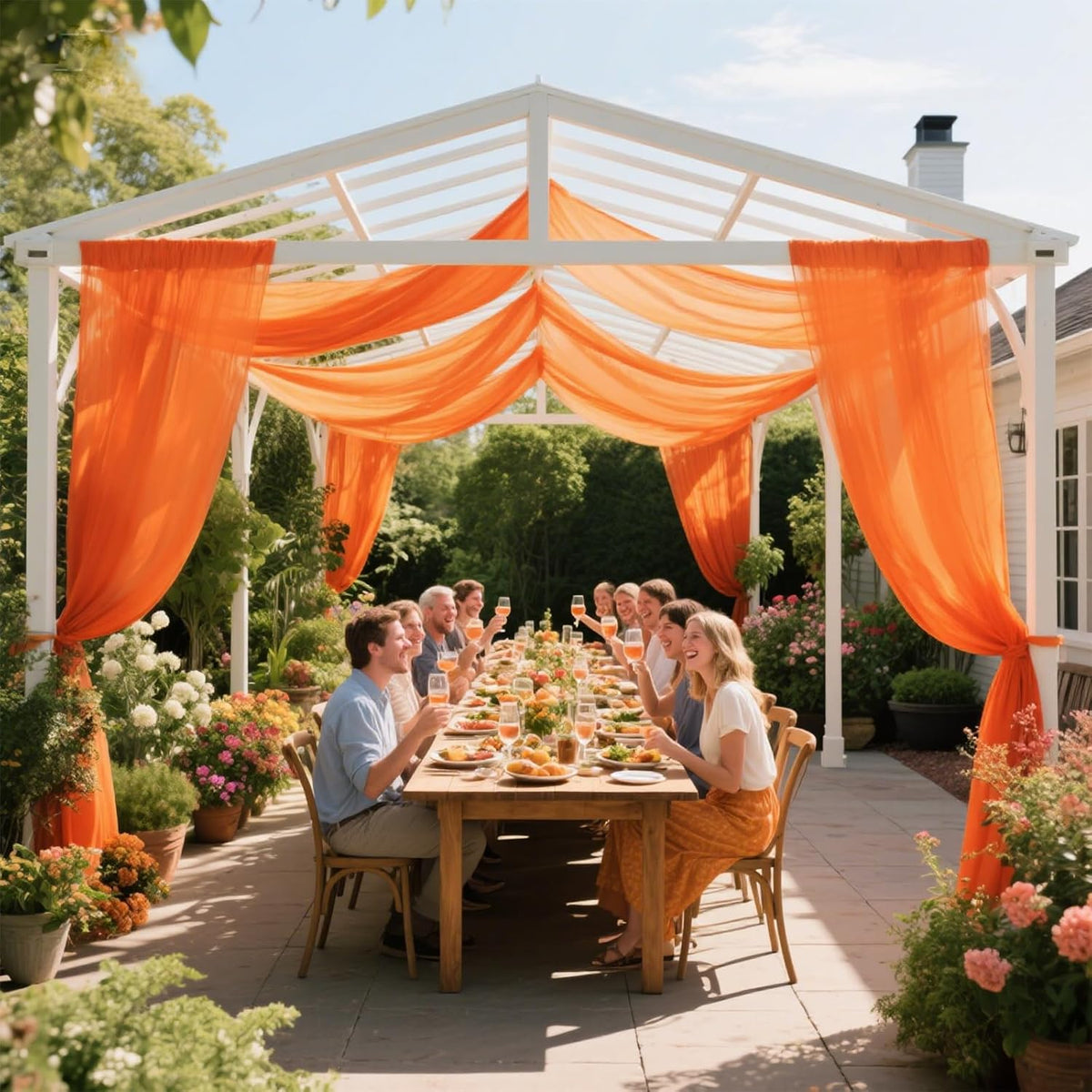 VOK Orange Wedding Arch Draping Fabric Chiffon Fabric, 29in x 18Ft 2 Panels Sheer Chiffon Outdoor