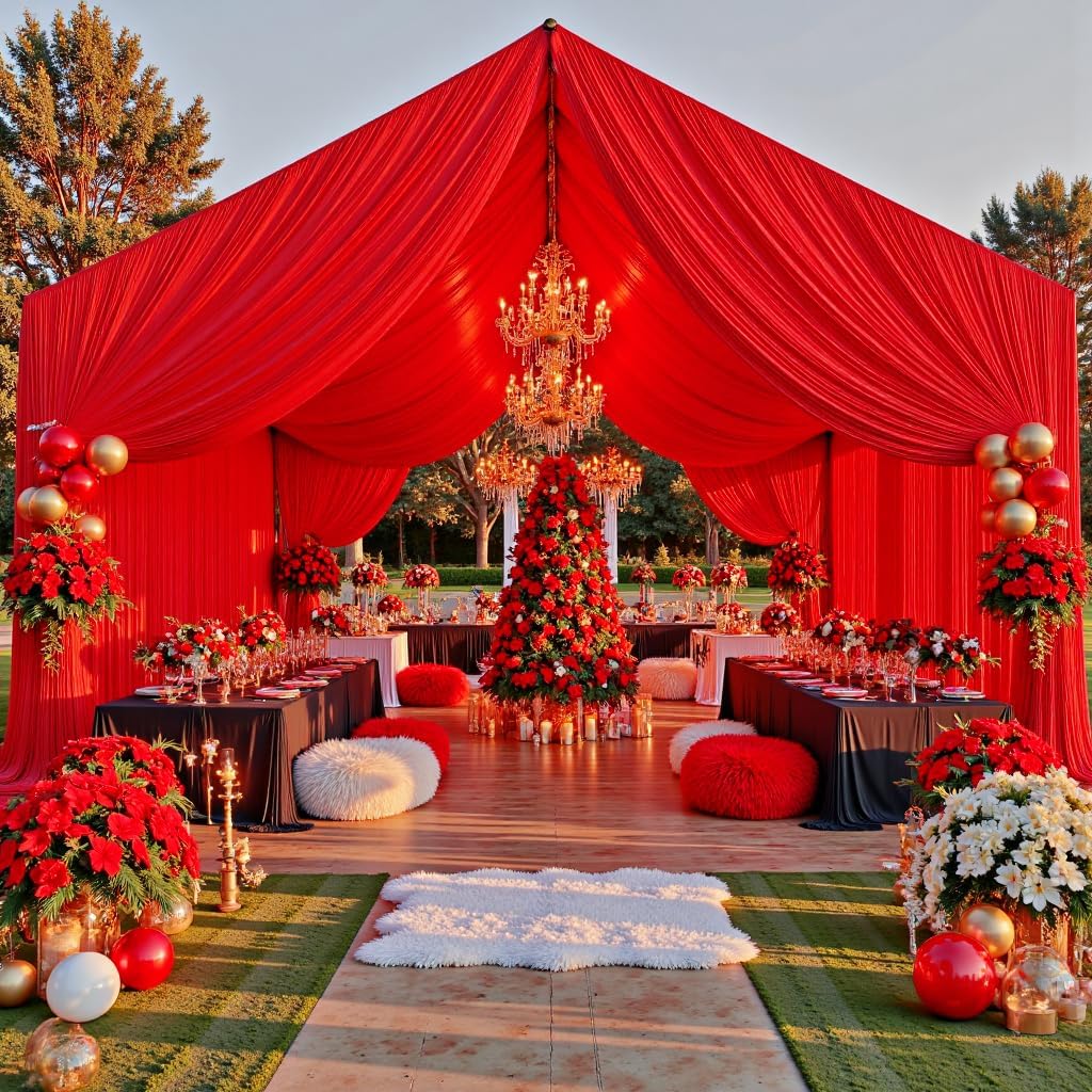 PartyVillage 20ftx40ft Red Ceiling Curtain for Wedding Parties – 4 Panels Wrinkle-Free 40 FT Long