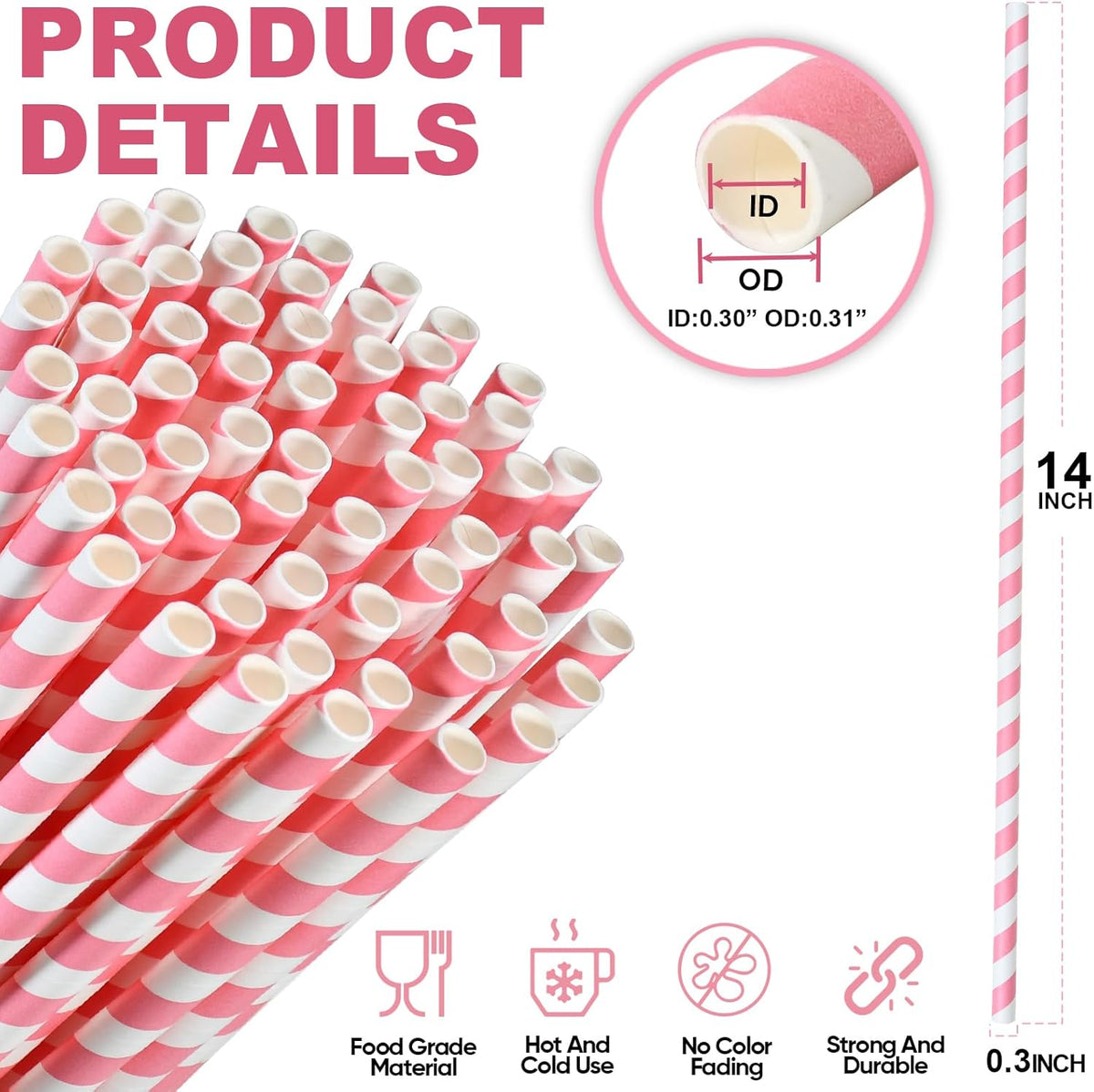 14 inch Extra Long Disposable Pink/White Striped Paper Drinking Straws 0.31" Wide - 100 Counts