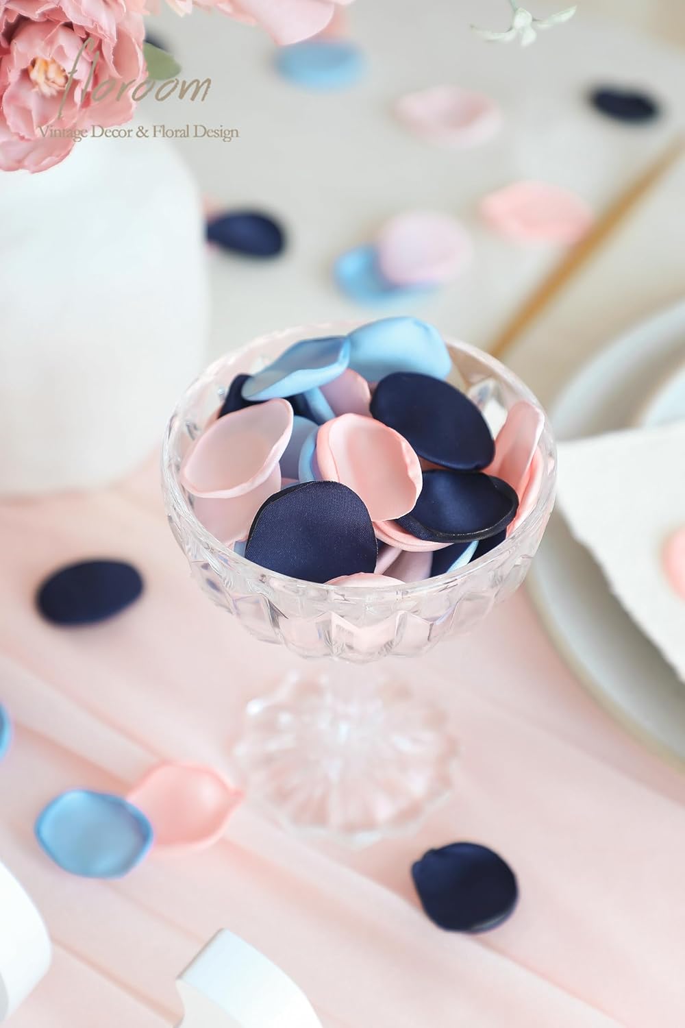 Floroom 300pcs Rose Petals Navy Blue Blush Faux Silk Flower Petals for Wedding Flower Girl Basket