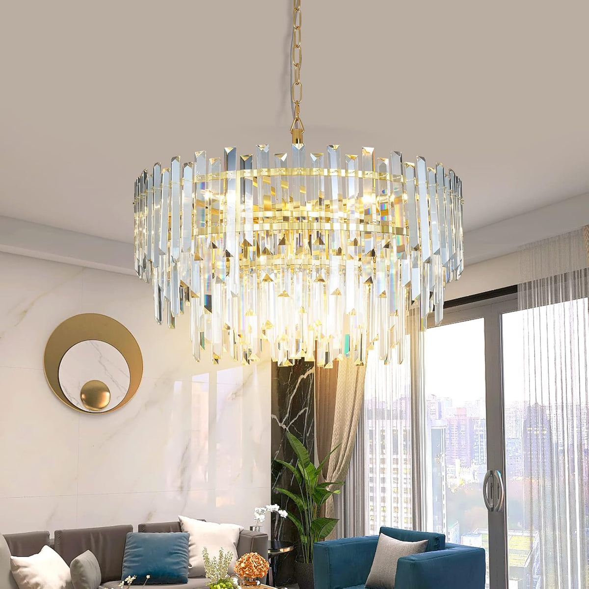 Gold Copper Crystal Chandelier Lighting 24'' for Dining Rooms Bedroom Foyer Entryway Ceiling