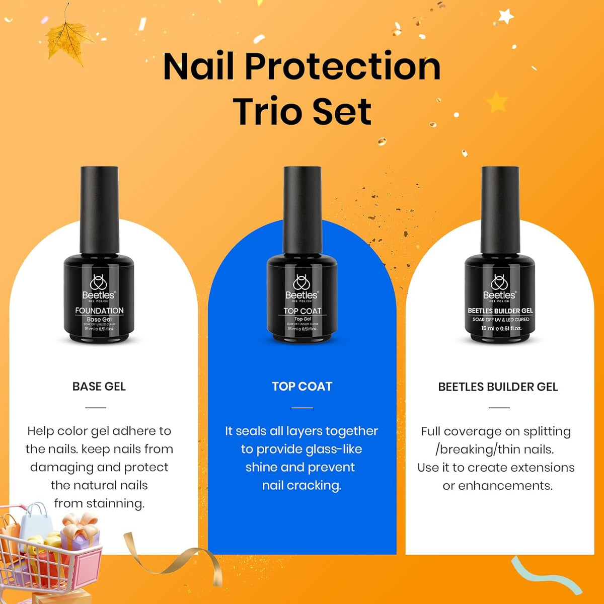 Beetles 3Pcs 15ml Builder Nail Gel with No Wipe Top Coat Gel Nail Polish and Base Coat Halloween