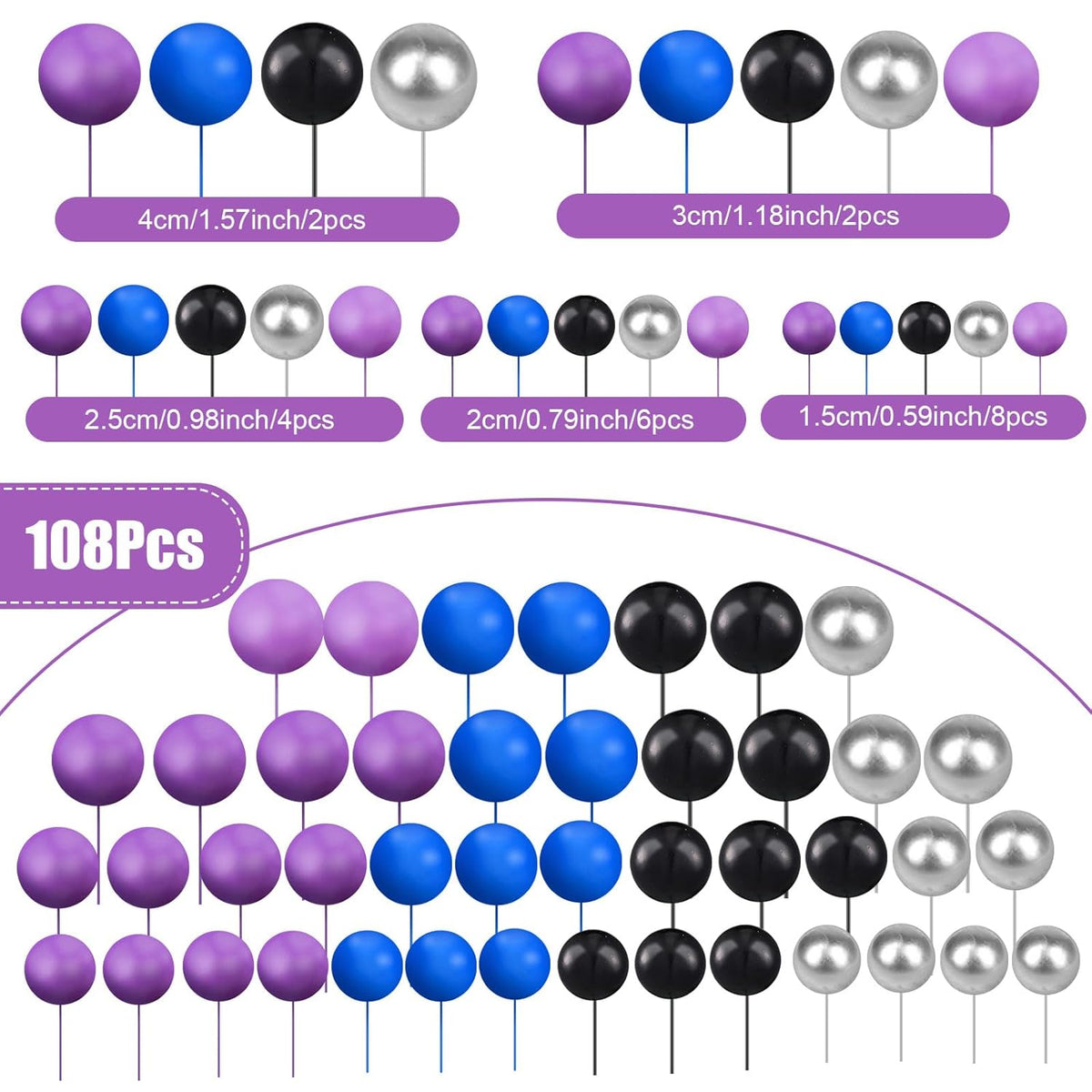 108 Pcs Balls Cake Topper DIY Cupcake Insert Foam Balloons for Cake Baking Wedding Anniversary