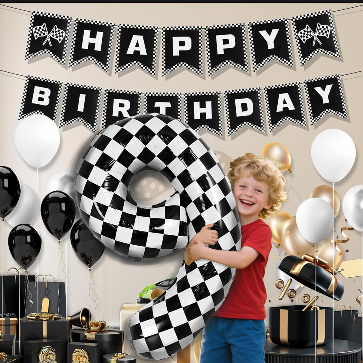 40 Inch Checkered Number Balloon - Race Flag Pattern Big Helium Balloon for Birthday Party