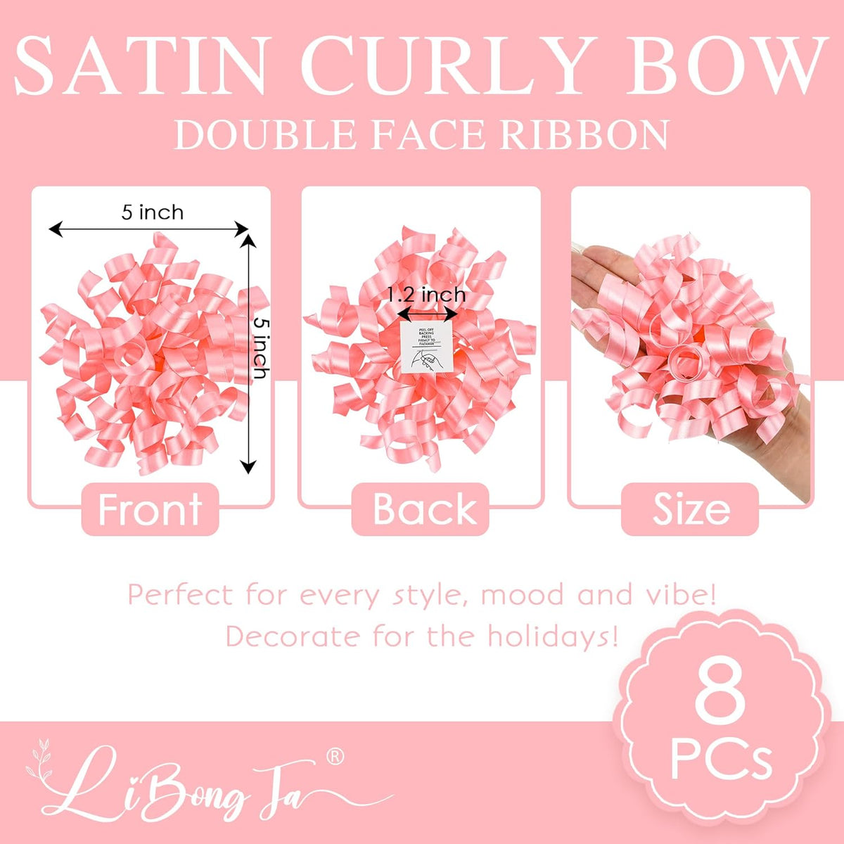 5 Inch Baby Pink Gift Bow Curly Ribbon Bows Set of 8, Double Faced Satin Ribbon Bow Premade Self