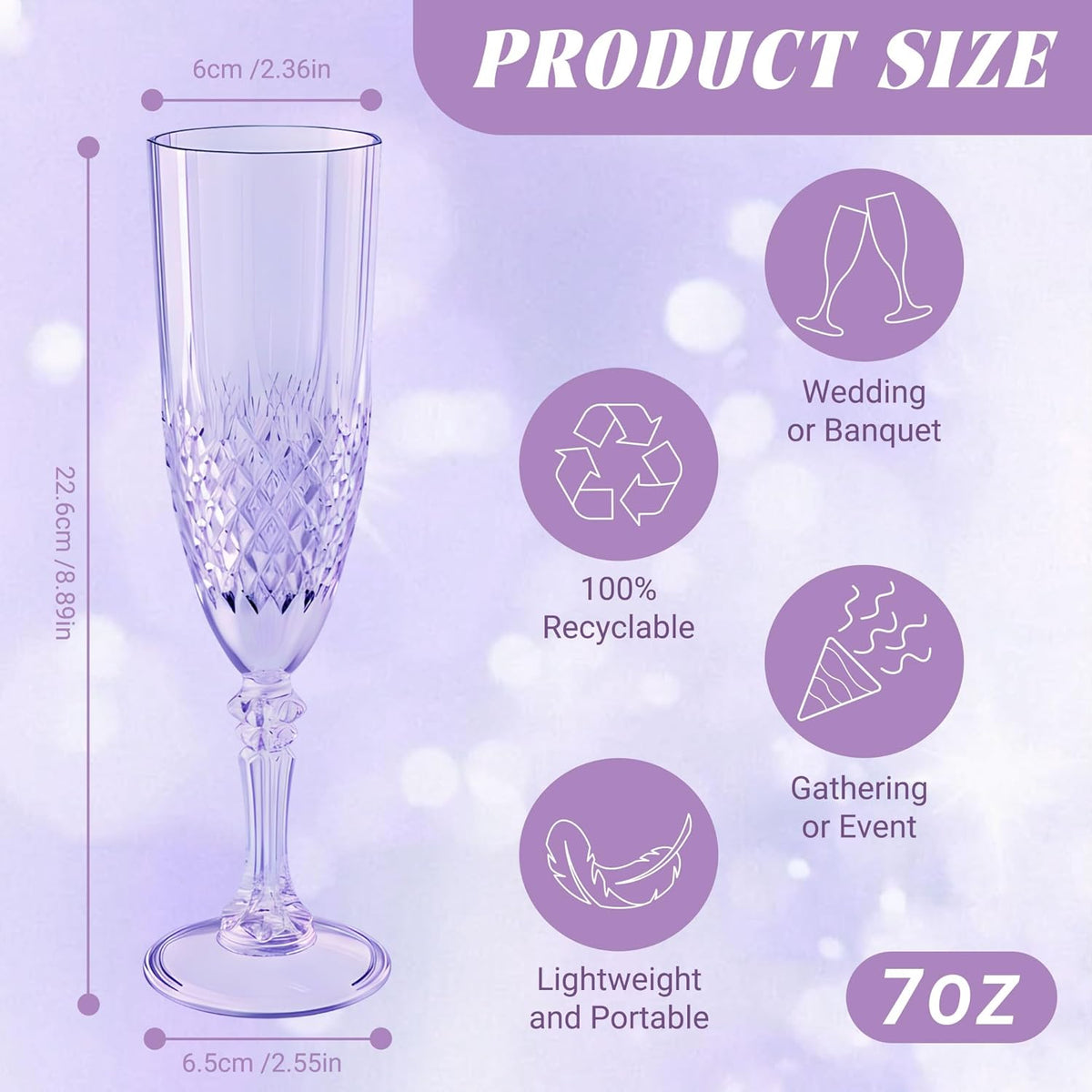 Plastic Champagne Flutes, 24PCS Purple Wine Glasses Goblets Cups Reusable Flute, for Weddings