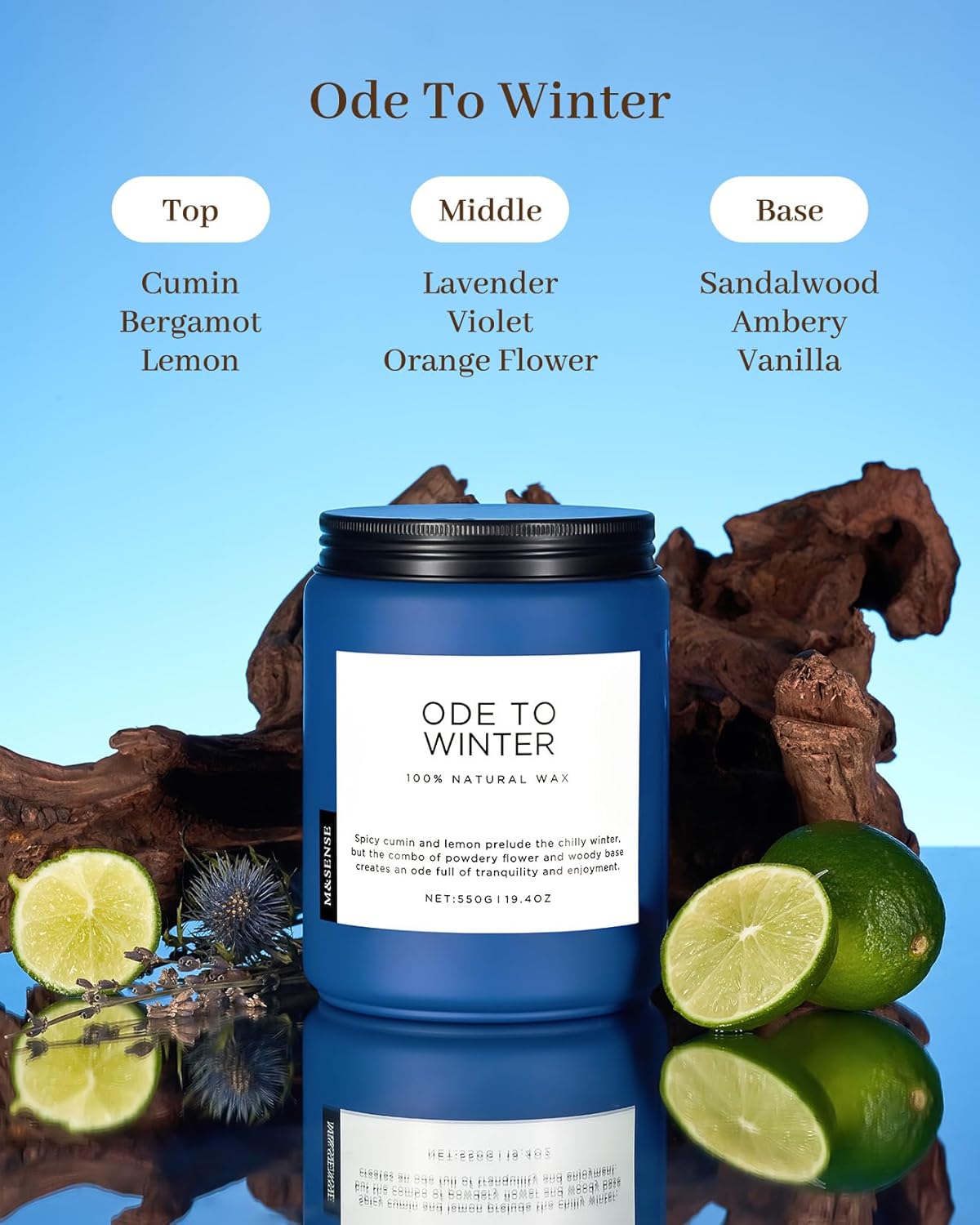 M&SENSE Ode to Winter - Lavender Sandalwood Strong Scented Candle, 19.4oz 110 Hour Clean Non Toxic