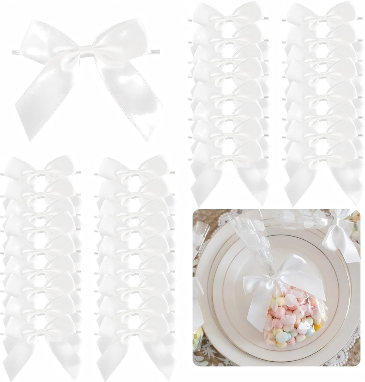 3.5" White Bow Satin Pre-Tied Bows for Gift Wrapping, Small Bows for Crafts, Premade Bows, Candy