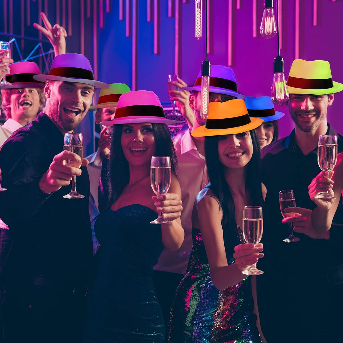 48 Pieces Neon Mafia Style Party Hats - Bright Dress Hats for Gangster Music Disco Birthday, Photo