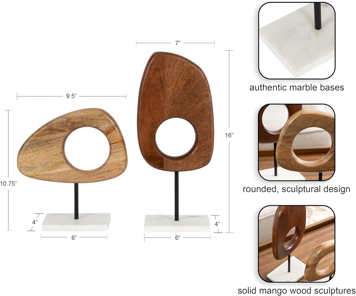 Kate and Laurel Yoakes Wood and Marble Decorative Sculptures, 2 Piece Set, Natural and Walnut
