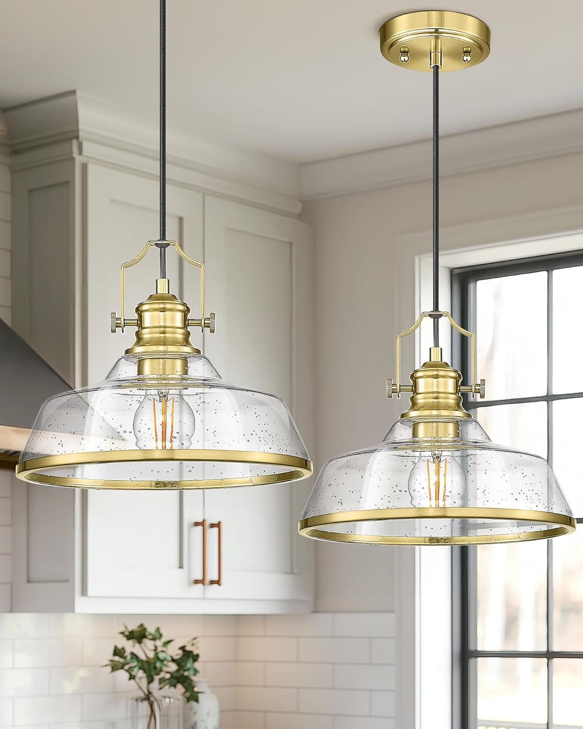 kudos 2 Pack Gold Pendant Lights Kitchen Island, 11" Brass Kitchen Island Lighting with Seeded