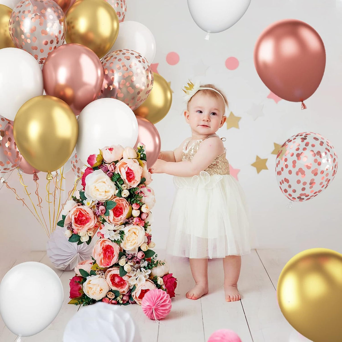 Paready Rose Gold and White Latex Balloons, 60 Pcs 12 Inch Metallic Gold Confetti Balloons with