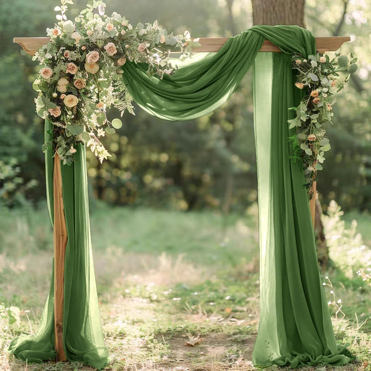 Olive Green Fall Elegant Arch Draping Fabric 2 Panels Outdoor 29" × 20Ft Sheer Chiffon Curtain