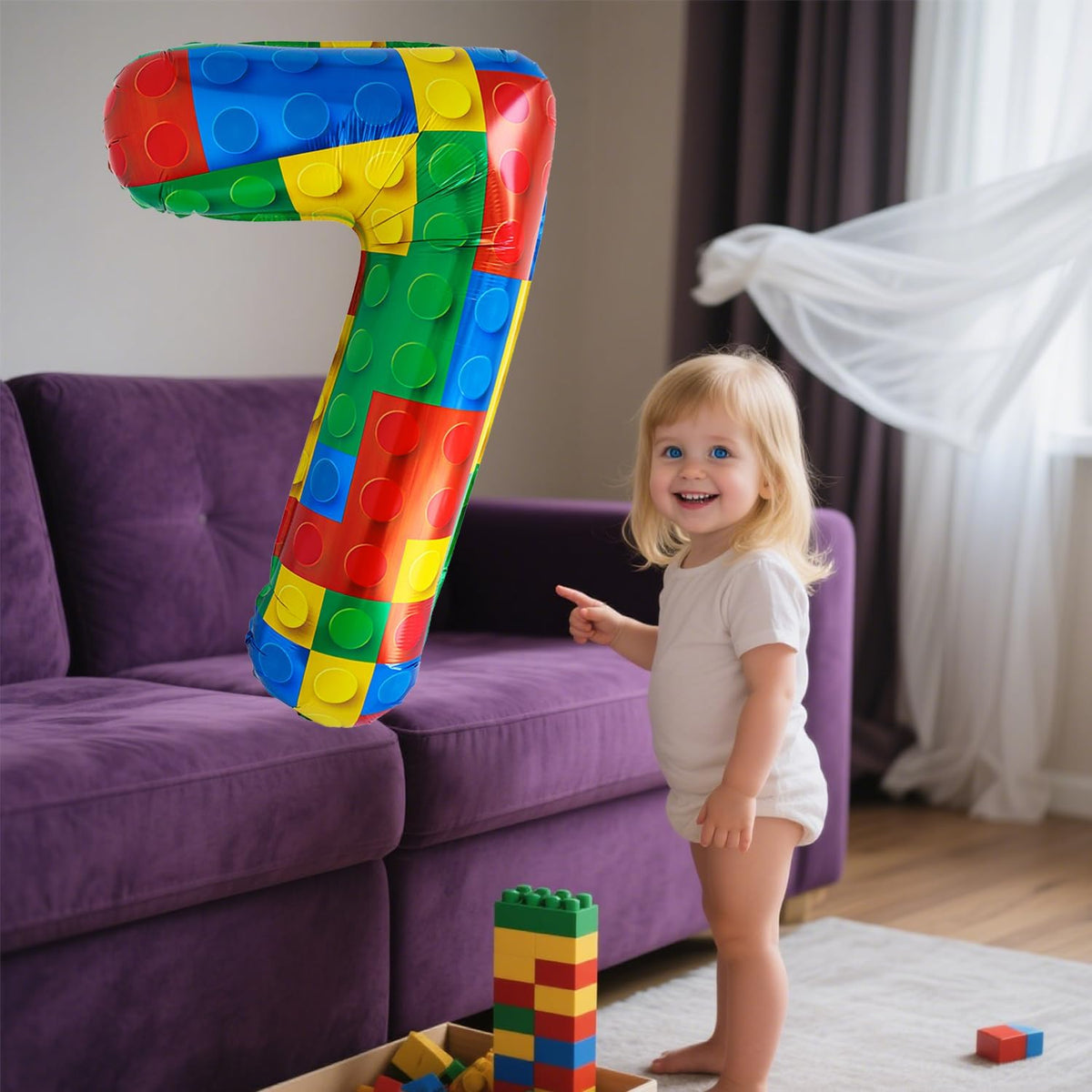 32 Inch Stackable Block Number 7 Balloon – Colorful Brick Building Themed Big Helium Digits for