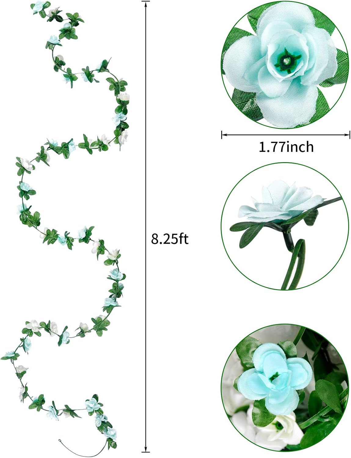 Miracliy 9Pcs 74FT Blue and White Flower Garland Artificial Rose Arch Vines Fake Spring Floral