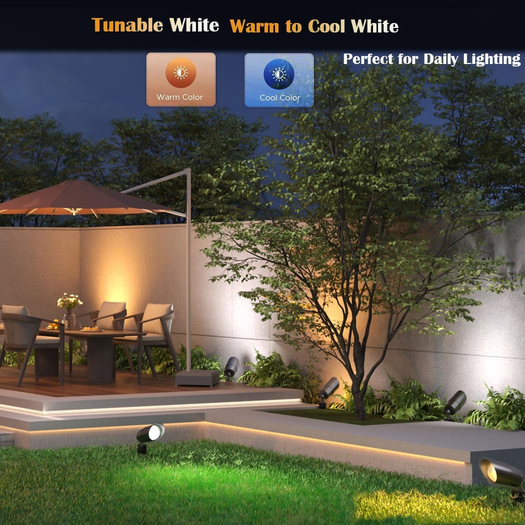 Low Voltage Landscape Lighting with 4 Spot Lights, RGB Color Changing from Warm to Cool White 5000K