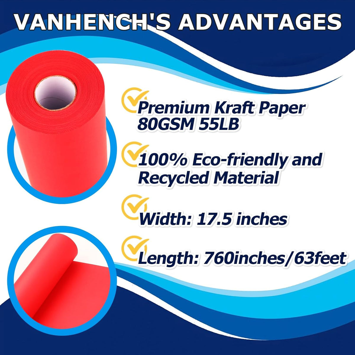 Vanhench Red Wrapping Paper Roll 17.5" x 760" (63') for Women Men Kids Girls, Solid Color Art Kraft