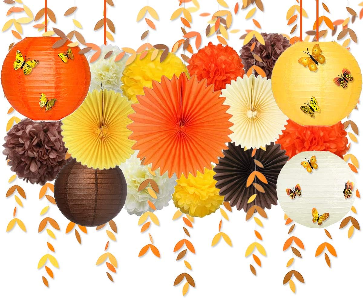 Fall Party Decorations Kit Yellow Orange Brown Paper Hanging Fans Lantern Flowers Pom Pom with 3D