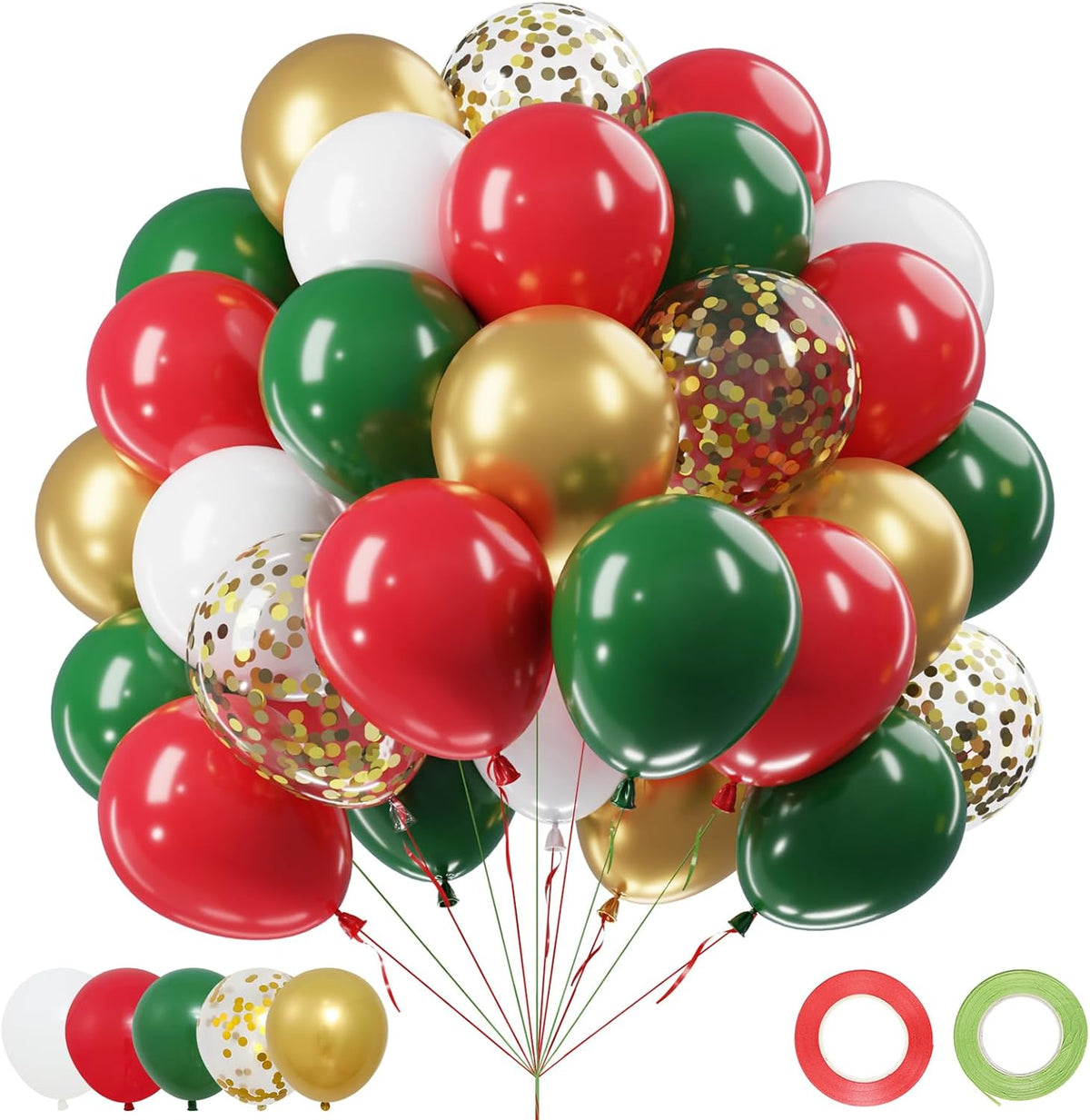 Christmas Red Green Gold Balloons Set, 60Pcs 12 Inch Red Green White Metallic Gold Confetti Latex