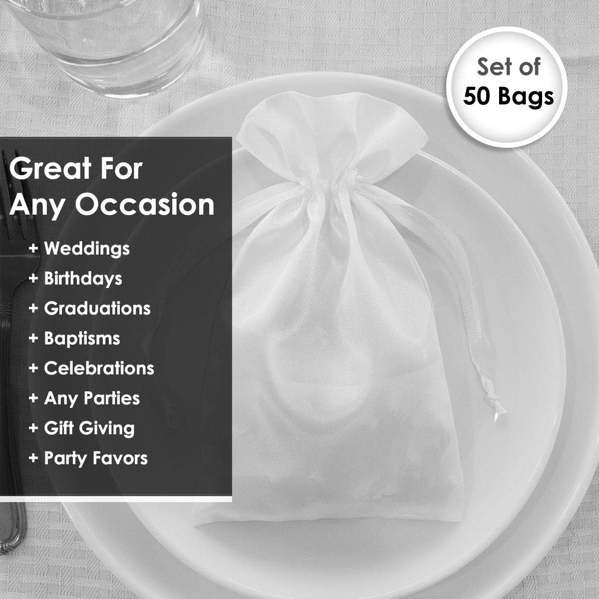 5" x 8" White Satin Gift Bags, Jewelry Bags, Wedding Favor Drawstring Baby Shower Christmas 50 per
