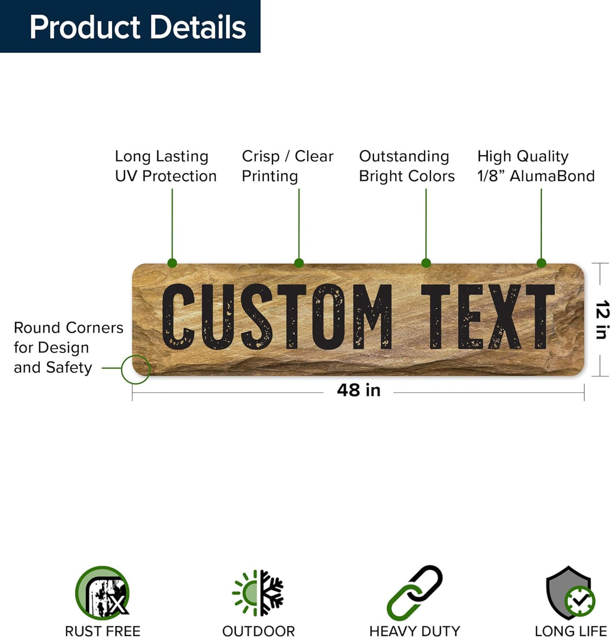 Custom Sign, Custom Street Sign, 11 Font Colors, 13 Font Styles, 4 Hole Options, 22 Sizes, 12x48