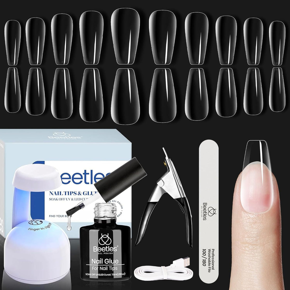 Beetles Soft Gel Nail Kit Medium Coffin Easy Nail Extension Set 5 In 1 Nail Glue Base Coat with Pre