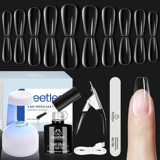 Beetles Soft Gel Nail Kit Medium Coffin Easy Nail Extension Set 5 In 1 Nail Glue Base Coat with Pre