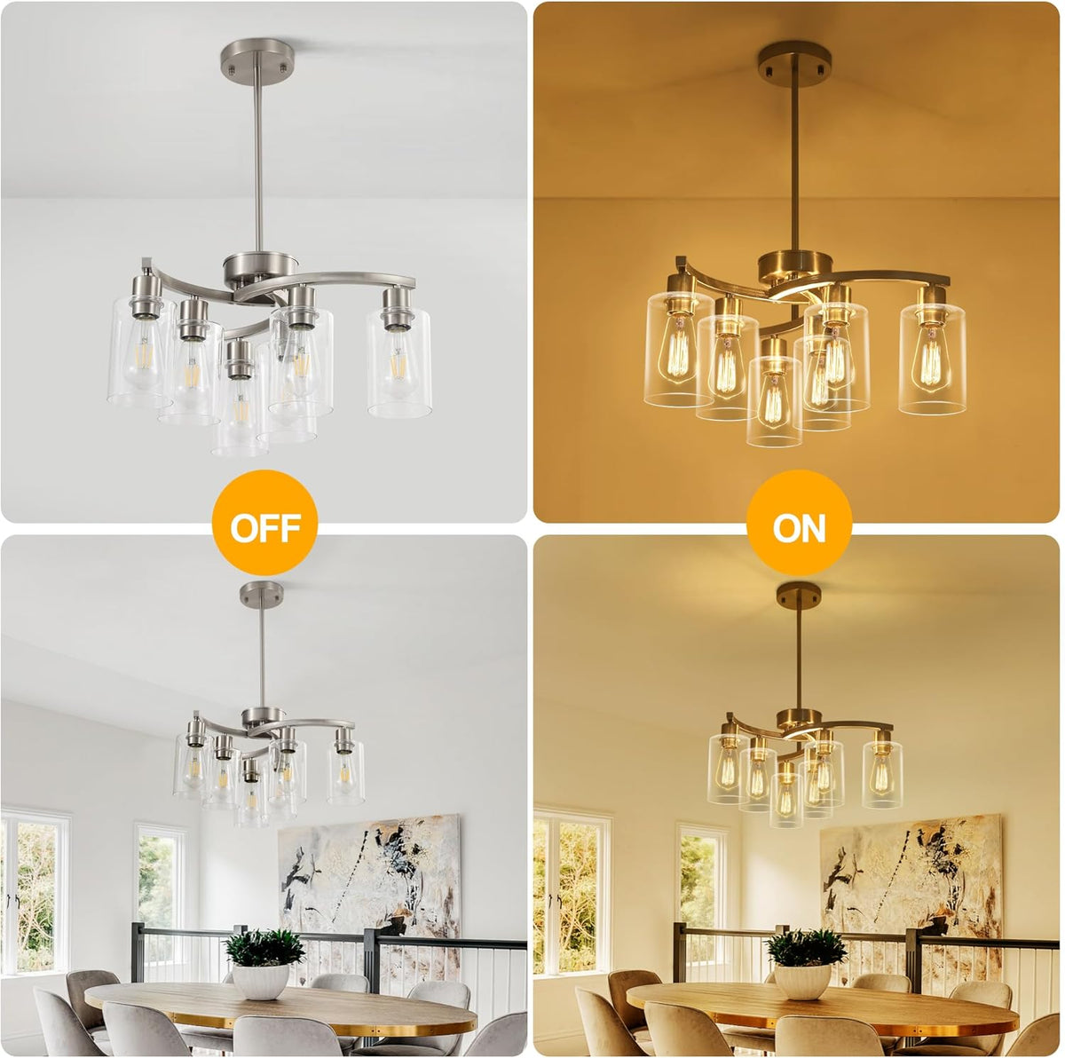 6-Light Brushed Nickel Chandeliers for Dining Room Light Fixtures Over Table, Adjustable Height