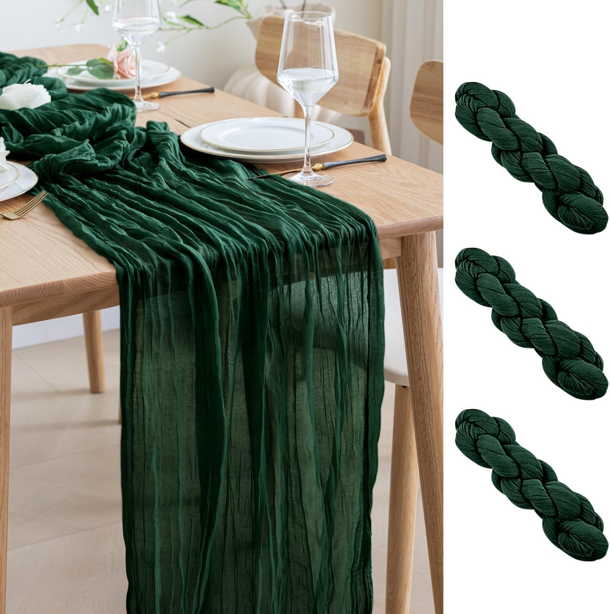 Asee'm 3PCS Table Runner Cheesecloth 10FT Emerald Green Boho Gauze Fabric Rustic Sheer Cheese Cloth